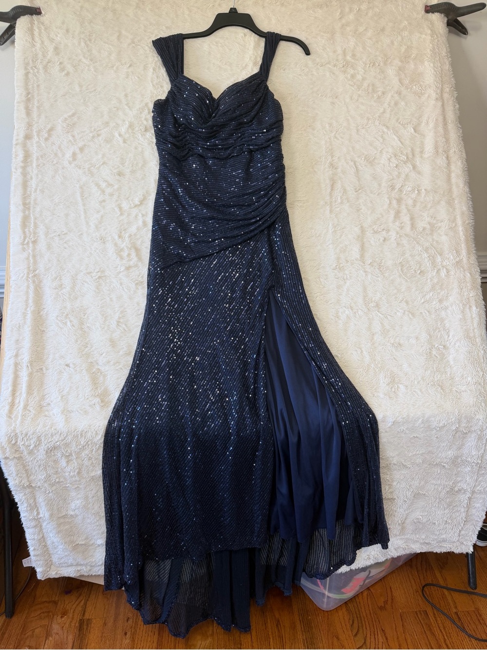 Navy Blue Sequin Ruched Evening Gown High Slit Train Formal Prom Dress Size 10